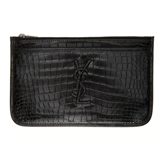 NEW! SAINT LAURENT CROC BLACK LEATHER ZIP YSL POUCH BAG WALLET CARD HOLDER BOX! - Picture 1 of 8
